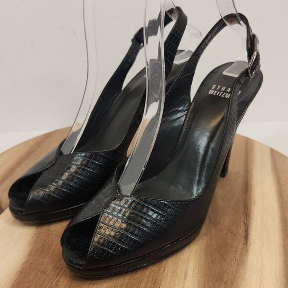 Stuart Weitzman Women's Peep Toe Embossed Block Heel Size 7 N Black - Picture 6 of 10